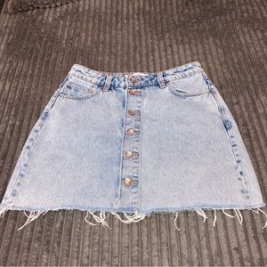 Zara Blue Denim Mini Skirt Button Down Raw Hem size Small